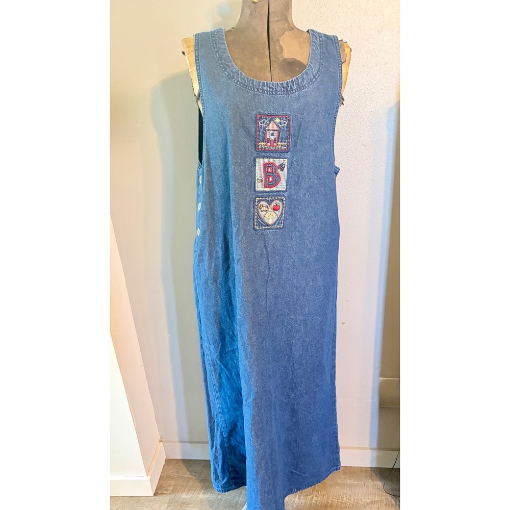 White Stag Vintage Denim Jumper Dress Embroidered School Teacher Maxi Medium